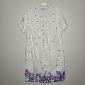 National white purple floral square neck short-sleeved pearl snap house dress s